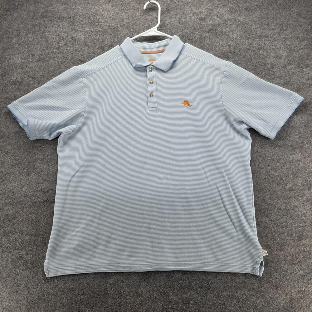 Tommy Bahama Polo Shirt Mens XL Blue White Micro Stripe Embroidered Marlin Golf